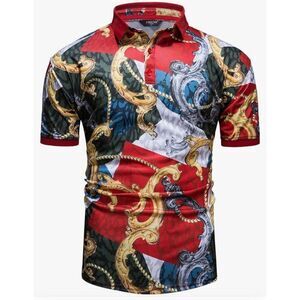 NEW Mens Luxury Polo Short Sleeve Baroque Chain Print Shirt XL